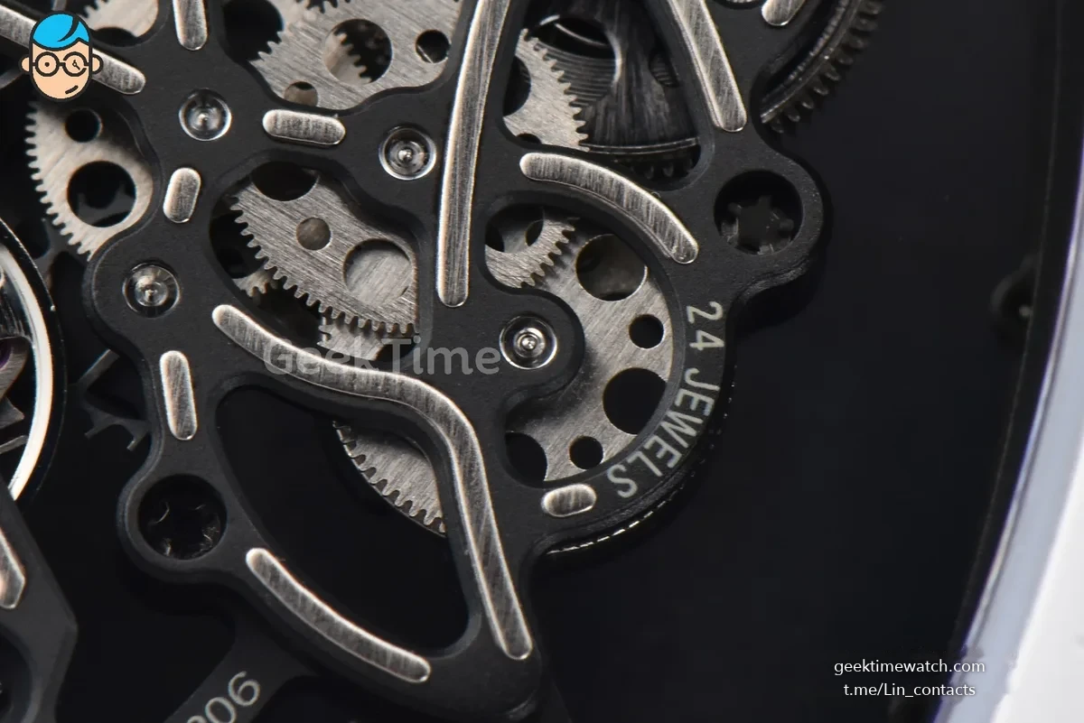 RM055 NTPT APSF 42.7mm White Bezel Black Skeleton Dial White Crown on White Rubber Strap RMUL2