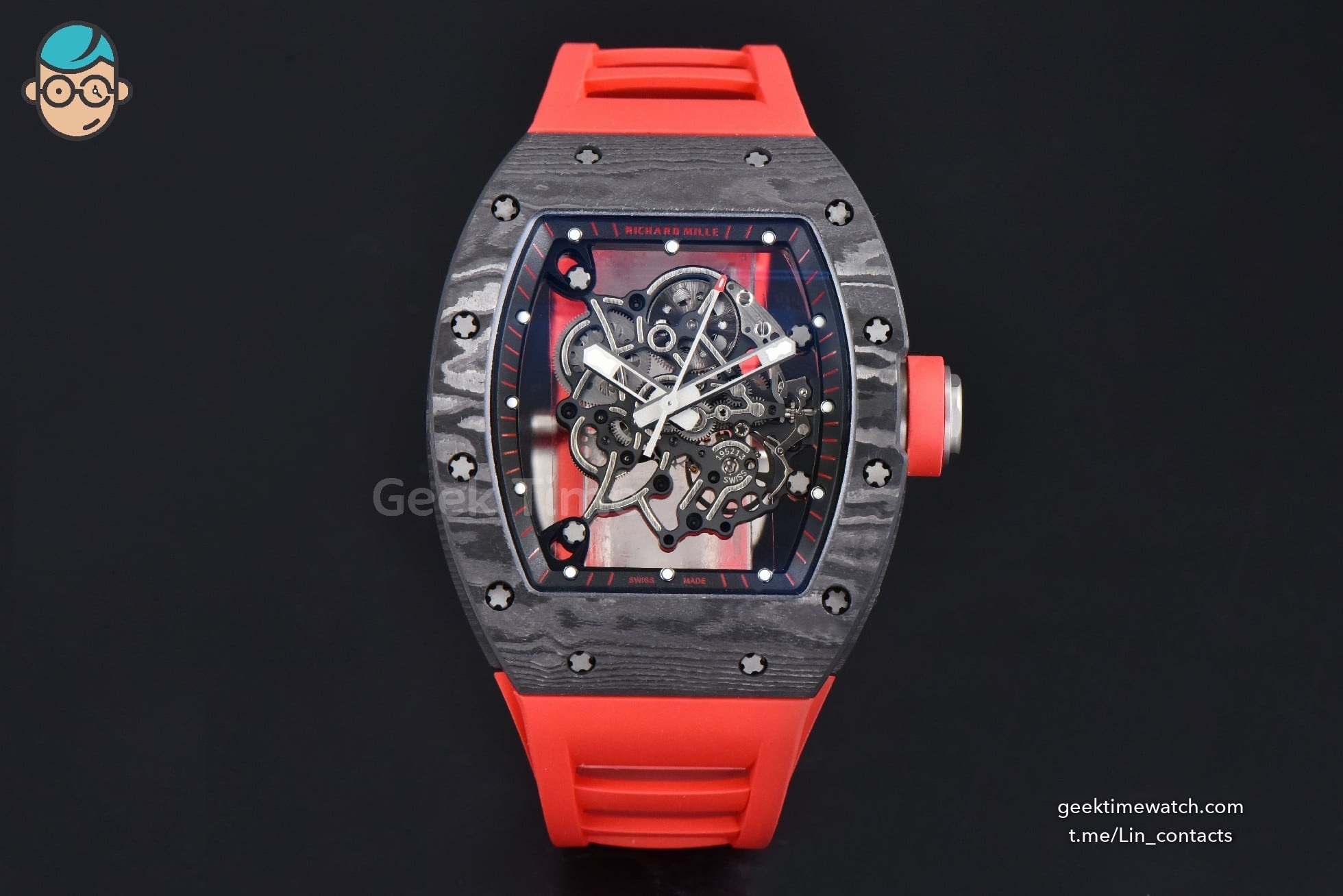 RM055 Ti Case APSF 42.7mm Black Skeleton Dial Black Bezel Red Crown on Red Rubber Strap RMUL2