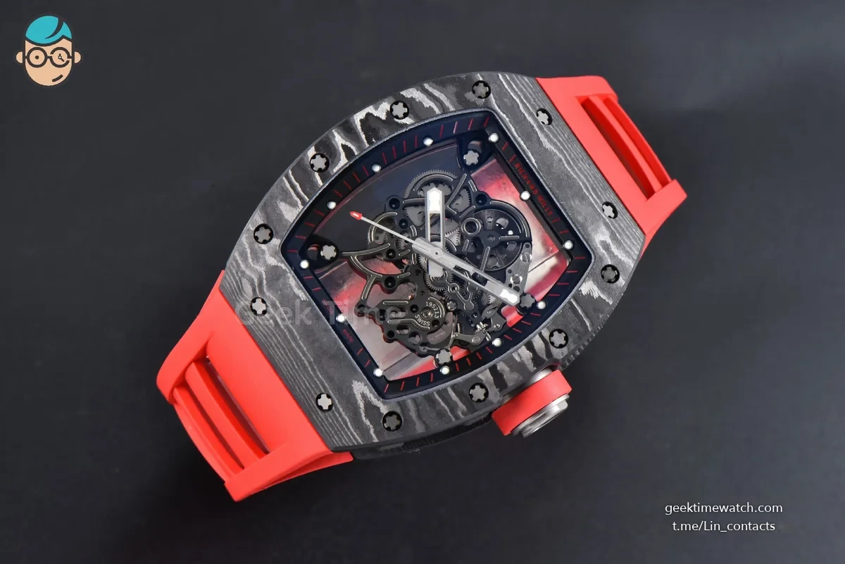 RM055 Ti Case APSF 42.7mm Black Skeleton Dial Black Bezel Red Crown on Red Rubber Strap RMUL2