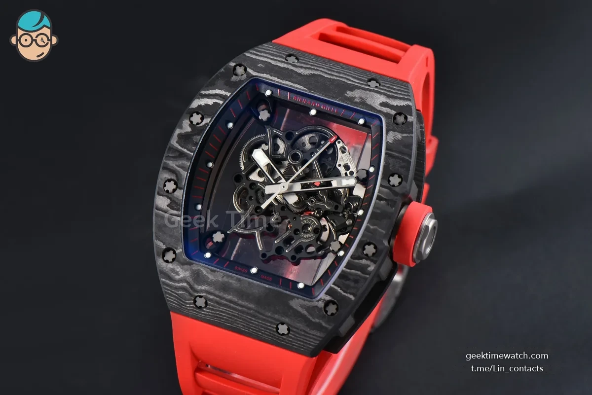RM055 Ti Case APSF 42.7mm Black Skeleton Dial Black Bezel Red Crown on Red Rubber Strap RMUL2