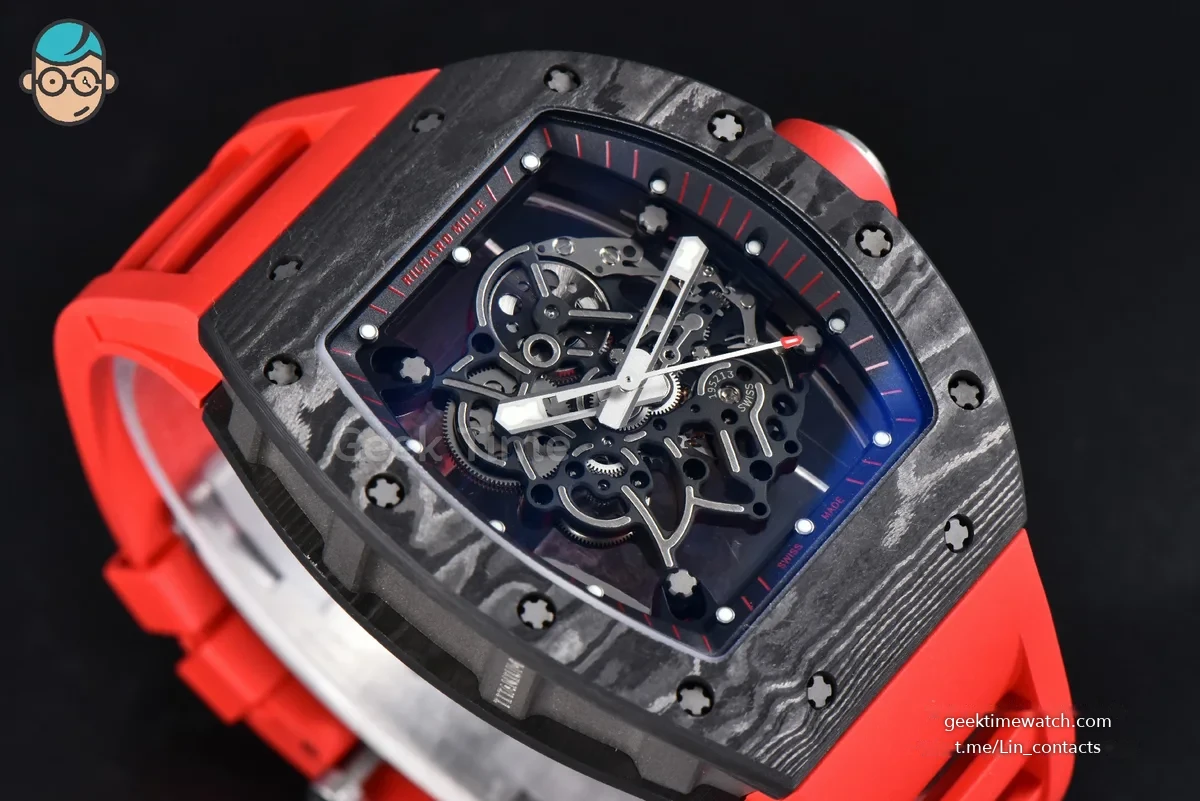 RM055 Ti Case APSF 42.7mm Black Skeleton Dial Black Bezel Red Crown on Red Rubber Strap RMUL2