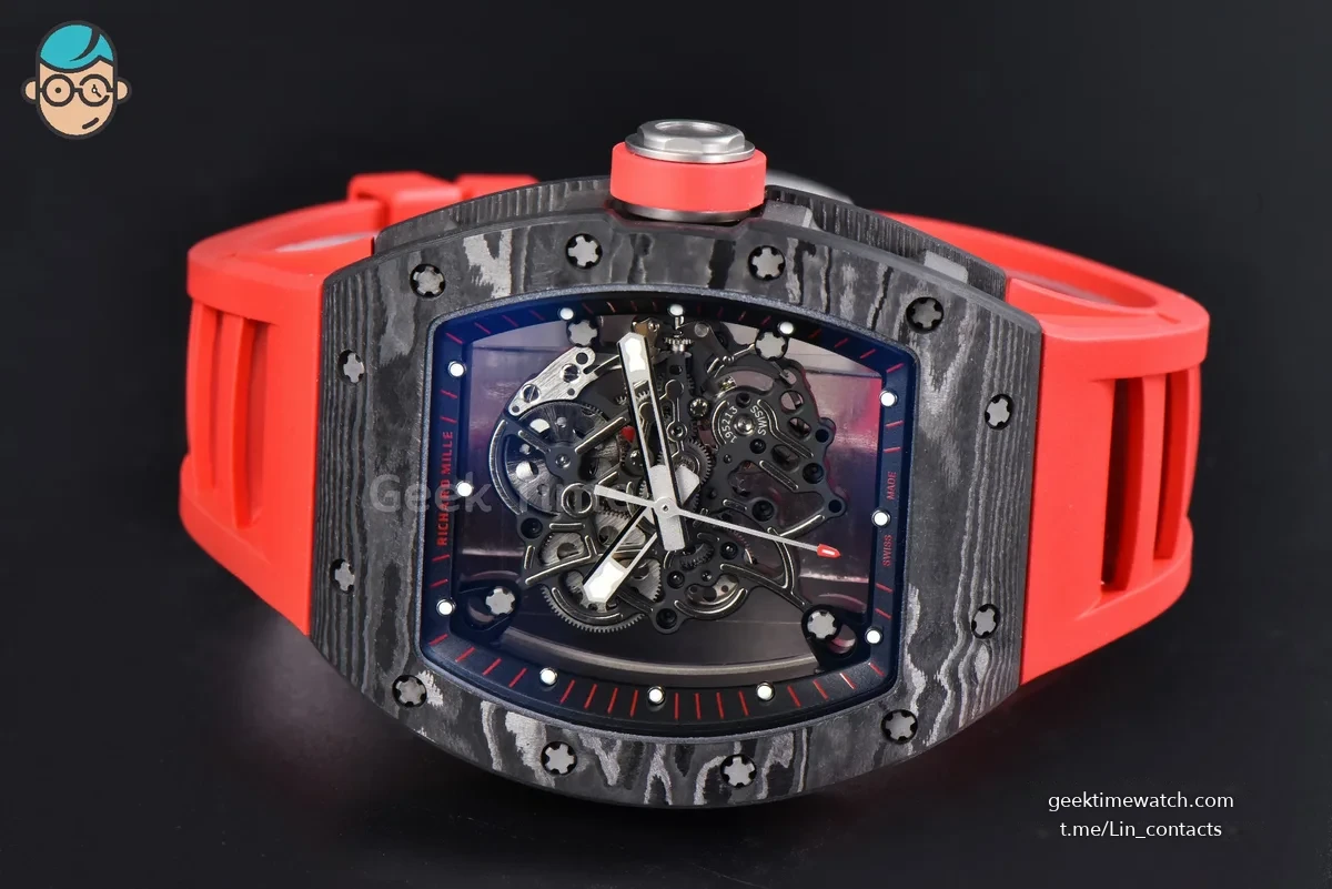 RM055 Ti Case APSF 42.7mm Black Skeleton Dial Black Bezel Red Crown on Red Rubber Strap RMUL2