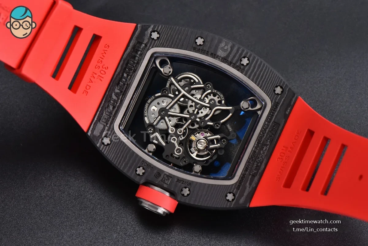 RM055 Ti Case APSF 42.7mm Black Skeleton Dial Black Bezel Red Crown on Red Rubber Strap RMUL2