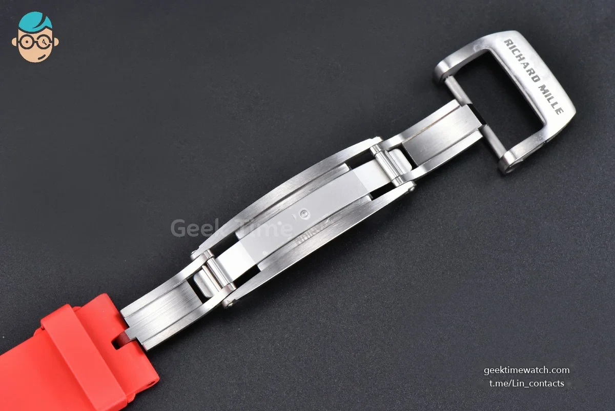 RM055 Ti Case APSF 42.7mm Black Skeleton Dial Black Bezel Red Crown on Red Rubber Strap RMUL2