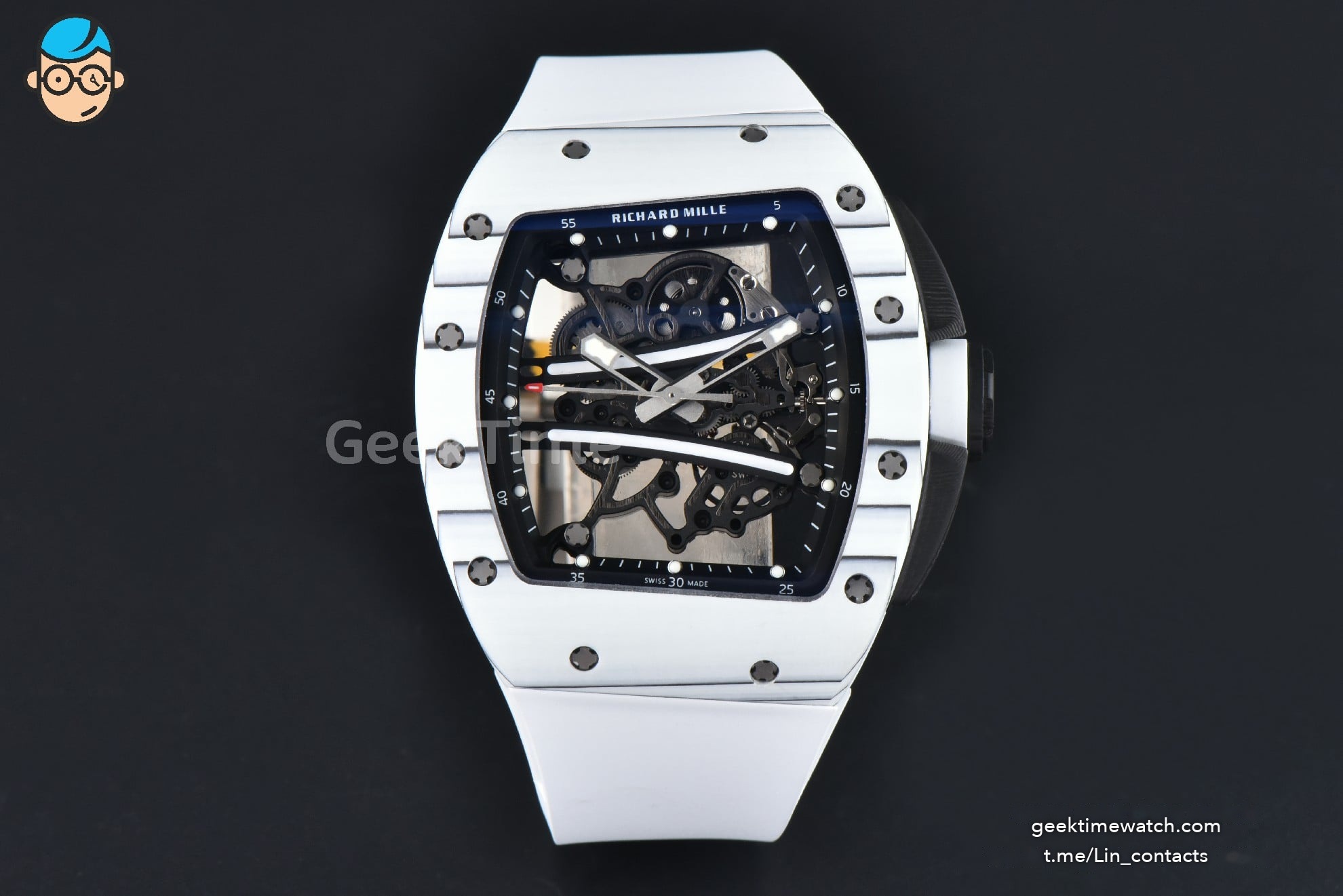 RM061 Yohan Blake Asia APSF 43mm White Bezel Black Skeleton Dial White Crown on White Rubber Strap RMUL2