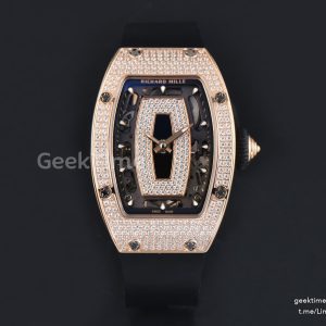 RM07-01 Ladies Diam ZF RG Diamond Paved Bezel Black/Diamonds Skeletonal Dial Black Crown on Black Rubber Strap CRMA2 Clone