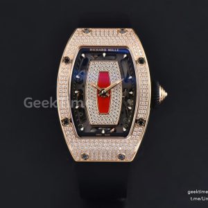 RM07-01 Ladies Diam ZF RG Diamond Paved Bezel Red/Diamonds Skeletonal Dial Black Crown on Black Rubber Strap CRMA2 Clone