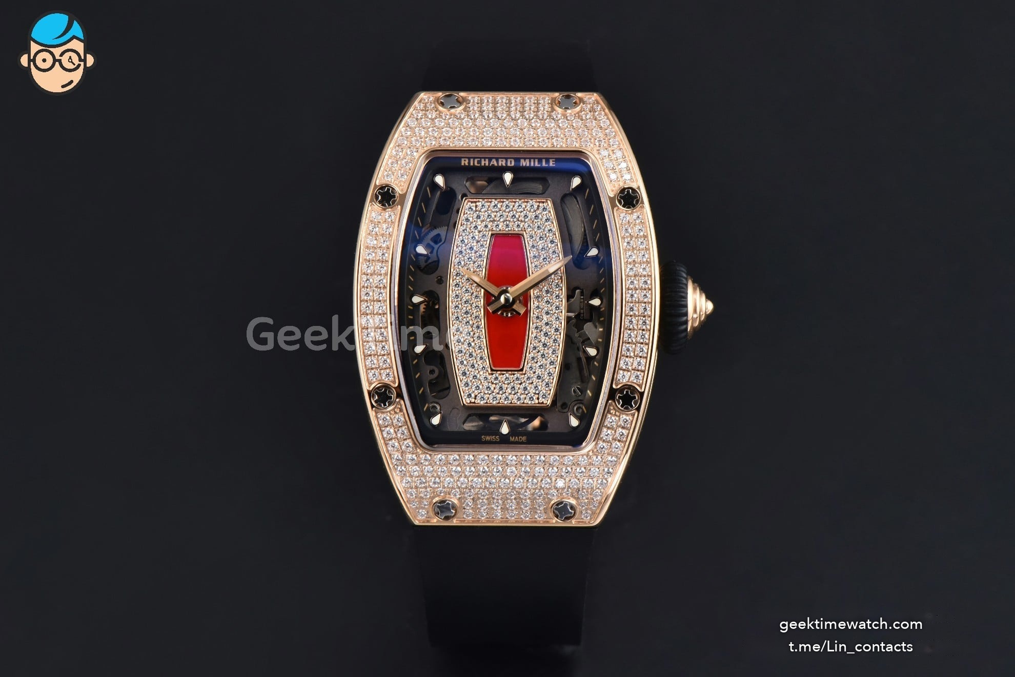 RM07-01 Ladies Diam ZF RG Diamond Paved Bezel Red/Diamonds Skeletonal Dial Black Crown on Black Rubber Strap CRMA2 Clone