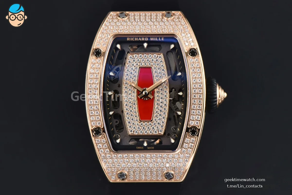 RM07-01 Ladies Diam ZF RG Diamond Paved Bezel Red/Diamonds Skeletonal Dial Black Crown on Black Rubber Strap CRMA2 Clone