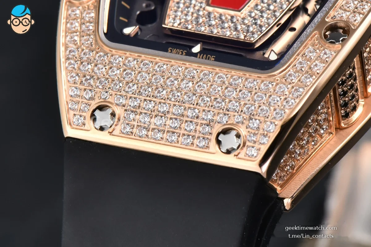 RM07-01 Ladies Diam ZF RG Diamond Paved Bezel Red/Diamonds Skeletonal Dial Black Crown on Black Rubber Strap CRMA2 Clone