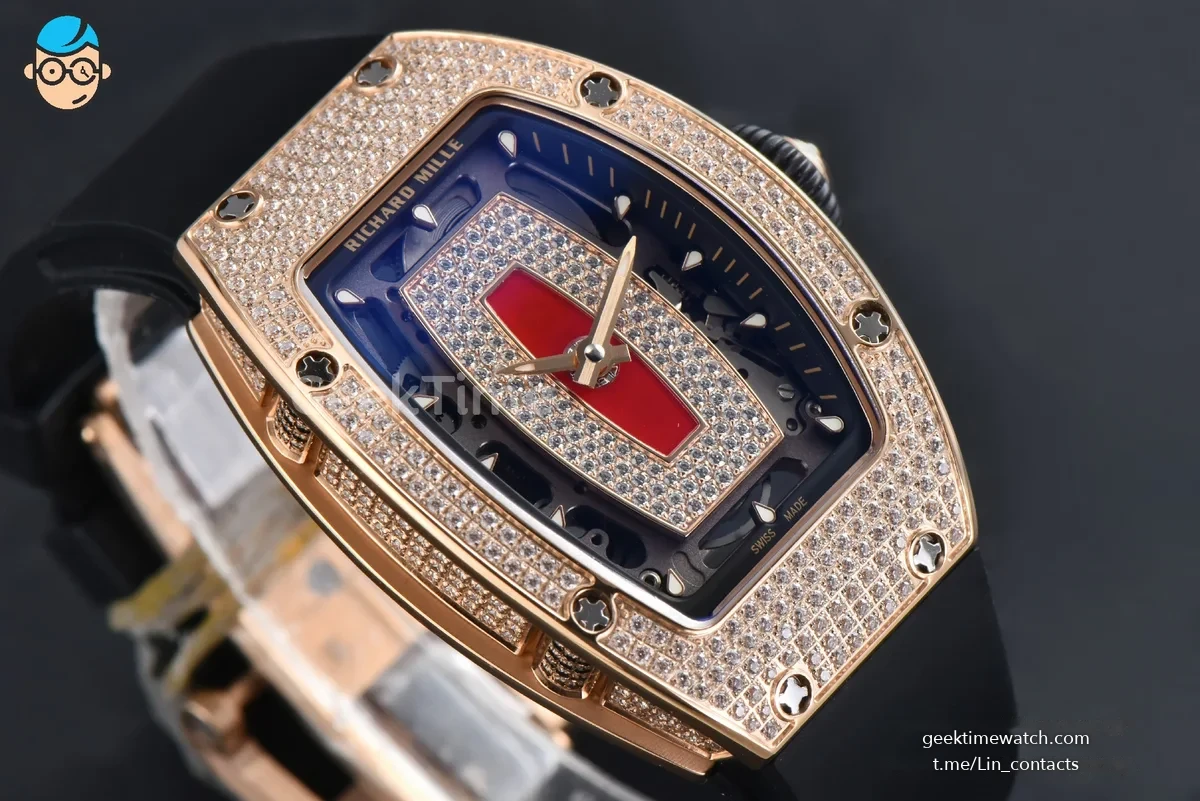 RM07-01 Ladies Diam ZF RG Diamond Paved Bezel Red/Diamonds Skeletonal Dial Black Crown on Black Rubber Strap CRMA2 Clone