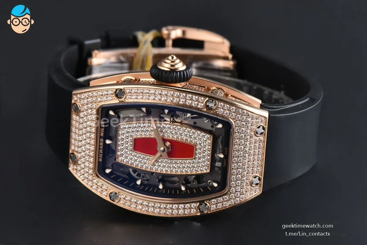 RM07-01 Ladies Diam ZF RG Diamond Paved Bezel Red/Diamonds Skeletonal Dial Black Crown on Black Rubber Strap CRMA2 Clone