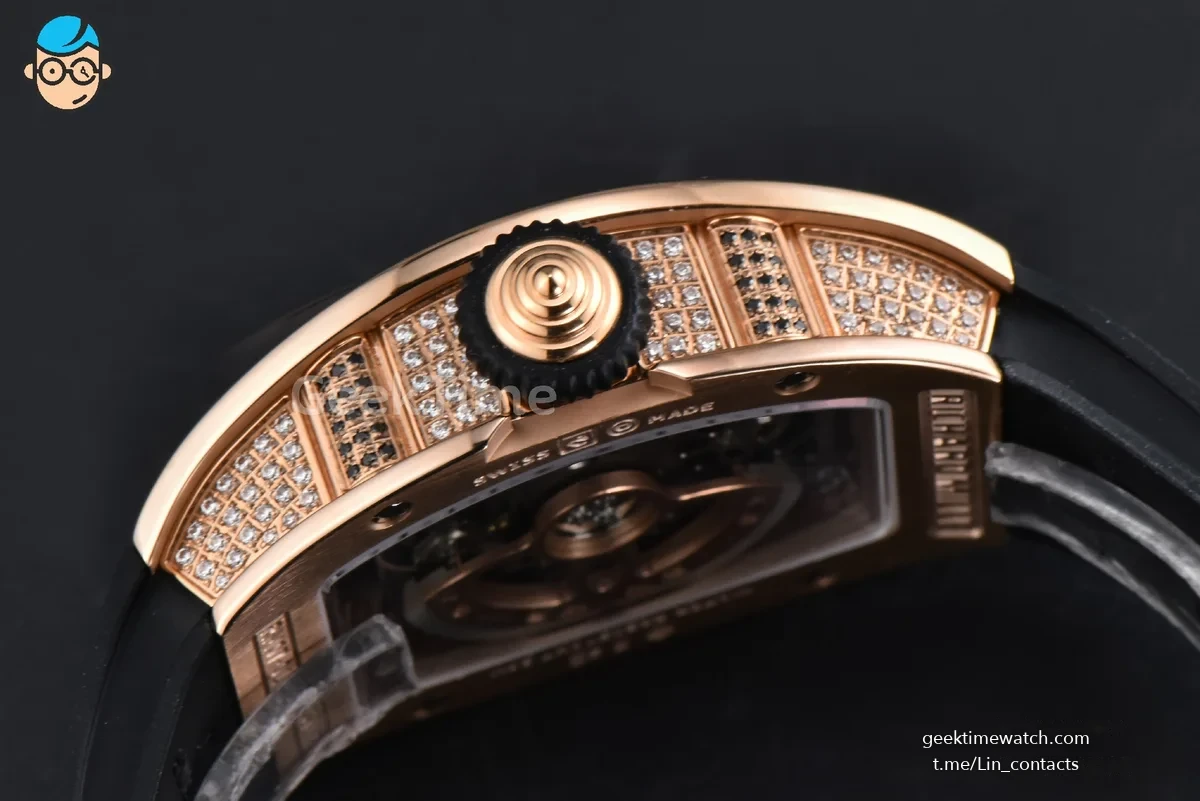RM07-01 Ladies Diam ZF RG Diamond Paved Bezel Red/Diamonds Skeletonal Dial Black Crown on Black Rubber Strap CRMA2 Clone