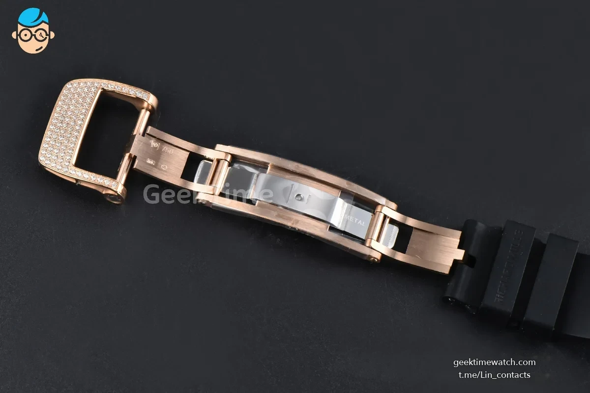 RM07-01 Ladies Diam ZF RG Diamond Paved Bezel Red/Diamonds Skeletonal Dial Black Crown on Black Rubber Strap CRMA2 Clone