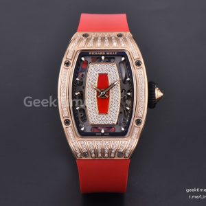 RM07-01 Ladies Diam ZF RG Diamond Paved Bezel Red/Diamonds Skeletonal Dial Black Crown on Red Rubber Strap CRMA2 Clone