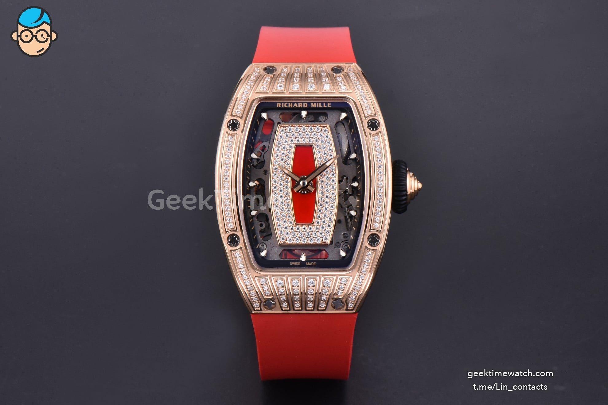 RM07-01 Ladies Diam ZF RG Diamond Paved Bezel Red/Diamonds Skeletonal Dial Black Crown on Red Rubber Strap CRMA2 Clone