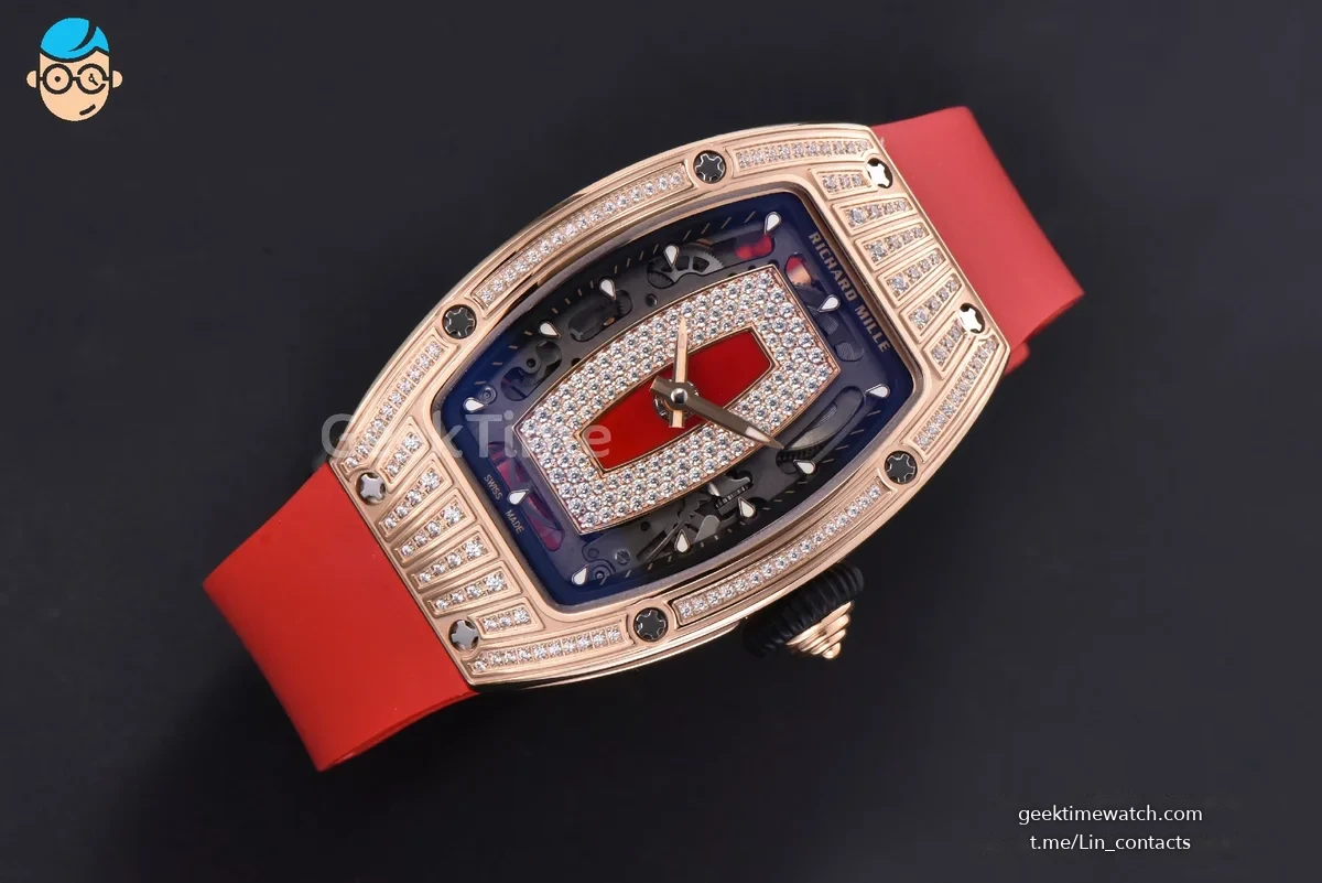 RM07-01 Ladies Diam ZF RG Diamond Paved Bezel Red/Diamonds Skeletonal Dial Black Crown on Red Rubber Strap CRMA2 Clone