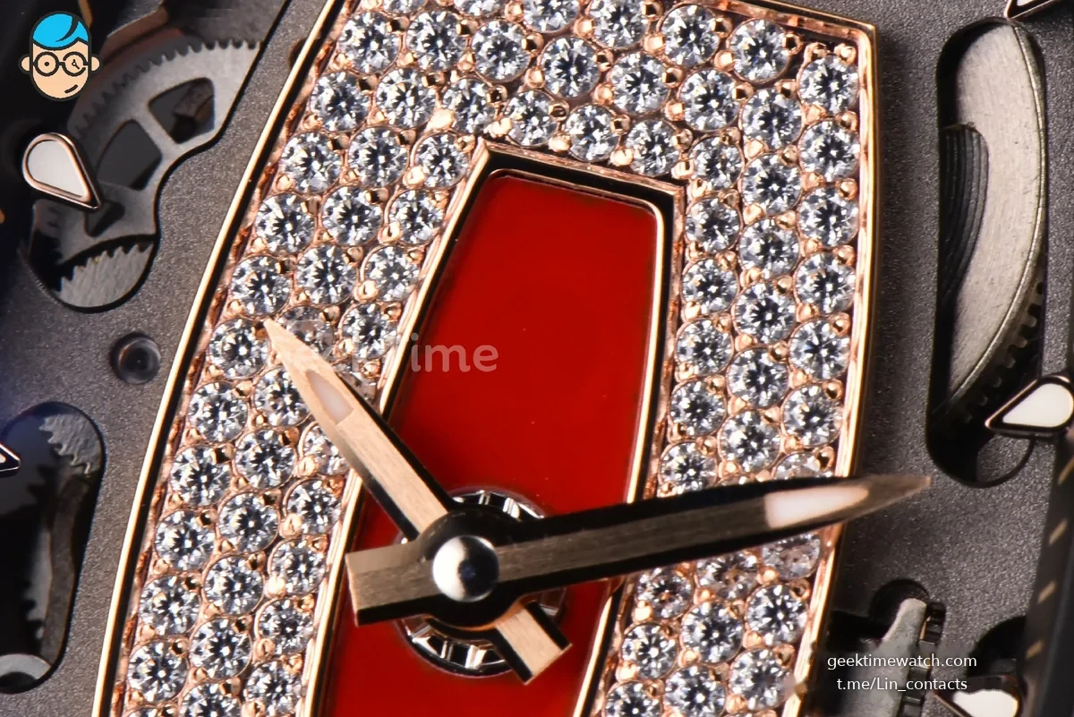 RM07-01 Ladies Diam ZF RG Diamond Paved Bezel Red/Diamonds Skeletonal Dial Black Crown on Red Rubber Strap CRMA2 Clone