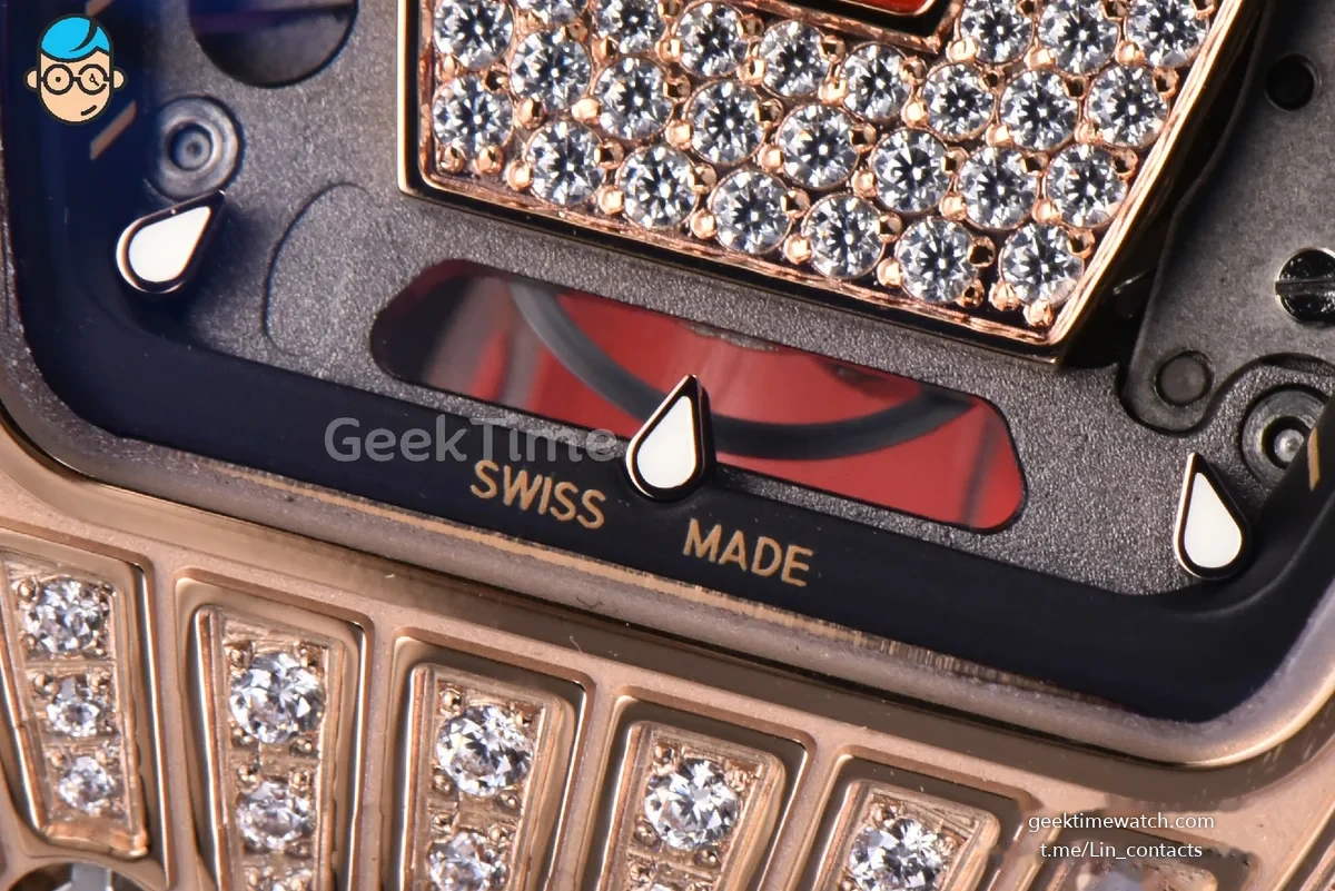 RM07-01 Ladies Diam ZF RG Diamond Paved Bezel Red/Diamonds Skeletonal Dial Black Crown on Red Rubber Strap CRMA2 Clone