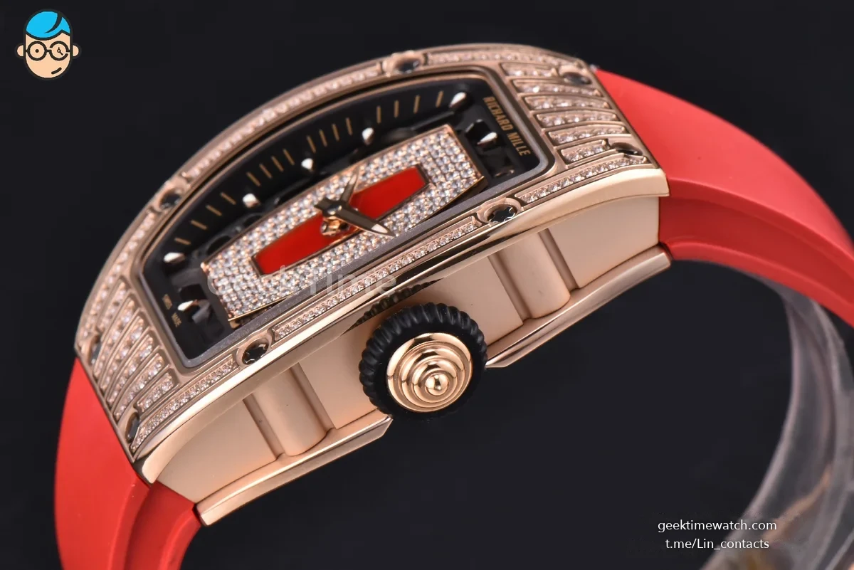 RM07-01 Ladies Diam ZF RG Diamond Paved Bezel Red/Diamonds Skeletonal Dial Black Crown on Red Rubber Strap CRMA2 Clone
