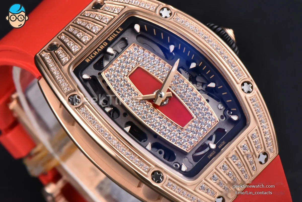RM07-01 Ladies Diam ZF RG Diamond Paved Bezel Red/Diamonds Skeletonal Dial Black Crown on Red Rubber Strap CRMA2 Clone