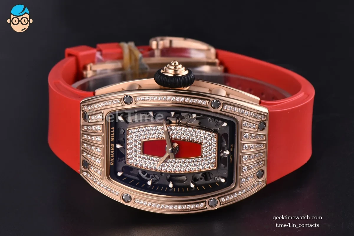 RM07-01 Ladies Diam ZF RG Diamond Paved Bezel Red/Diamonds Skeletonal Dial Black Crown on Red Rubber Strap CRMA2 Clone