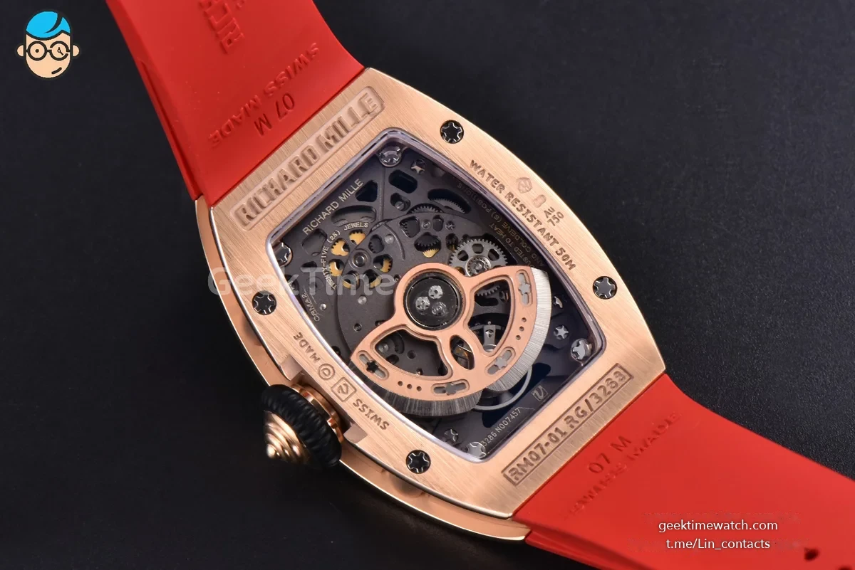 RM07-01 Ladies Diam ZF RG Diamond Paved Bezel Red/Diamonds Skeletonal Dial Black Crown on Red Rubber Strap CRMA2 Clone