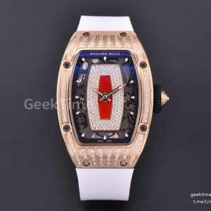 RM07-01 Ladies Diam ZF RG Diamond Paved Bezel Red/Diamonds Skeletonal Dial Black Crown on White Rubber Strap CRMA2 Clone