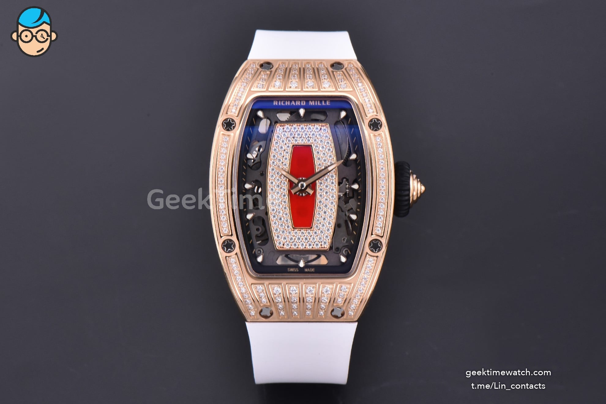 RM07-01 Ladies Diam ZF RG Diamond Paved Bezel Red/Diamonds Skeletonal Dial Black Crown on White Rubber Strap CRMA2 Clone