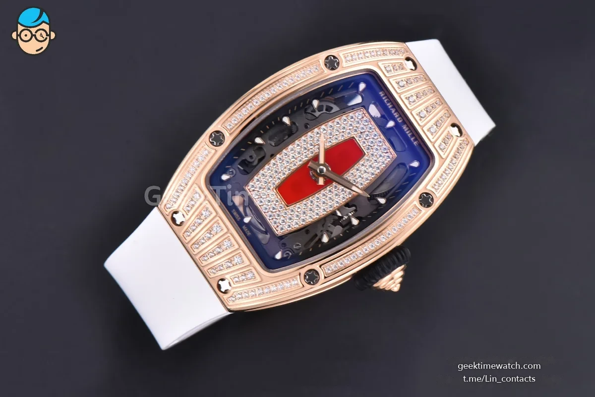 RM07-01 Ladies Diam ZF RG Diamond Paved Bezel Red/Diamonds Skeletonal Dial Black Crown on White Rubber Strap CRMA2 Clone
