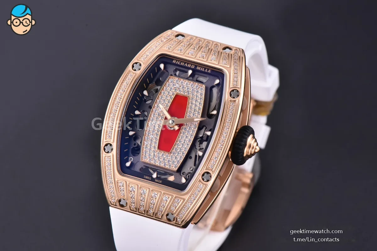 RM07-01 Ladies Diam ZF RG Diamond Paved Bezel Red/Diamonds Skeletonal Dial Black Crown on White Rubber Strap CRMA2 Clone