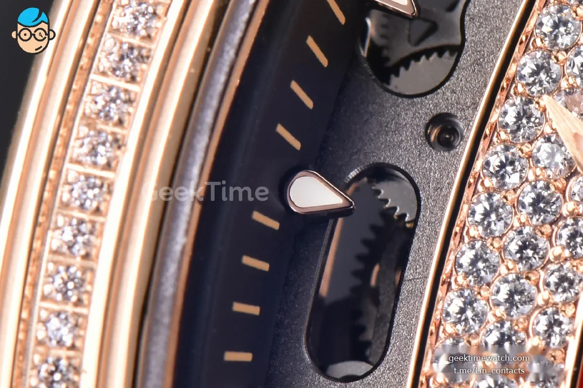 RM07-01 Ladies Diam ZF RG Diamond Paved Bezel Red/Diamonds Skeletonal Dial Black Crown on White Rubber Strap CRMA2 Clone