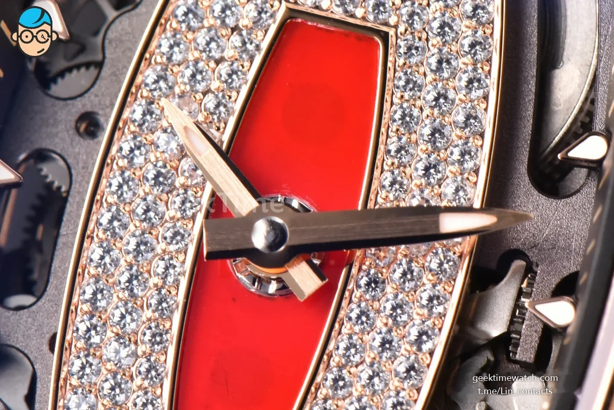 RM07-01 Ladies Diam ZF RG Diamond Paved Bezel Red/Diamonds Skeletonal Dial Black Crown on White Rubber Strap CRMA2 Clone