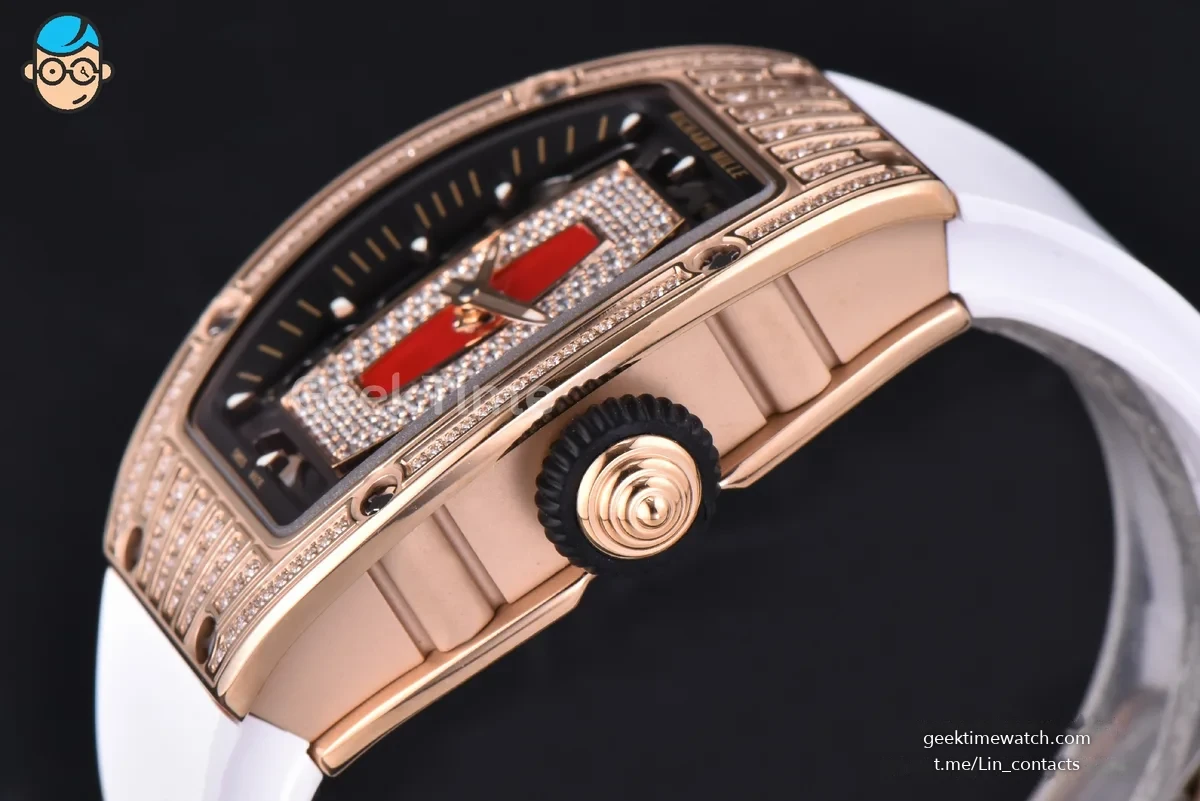 RM07-01 Ladies Diam ZF RG Diamond Paved Bezel Red/Diamonds Skeletonal Dial Black Crown on White Rubber Strap CRMA2 Clone