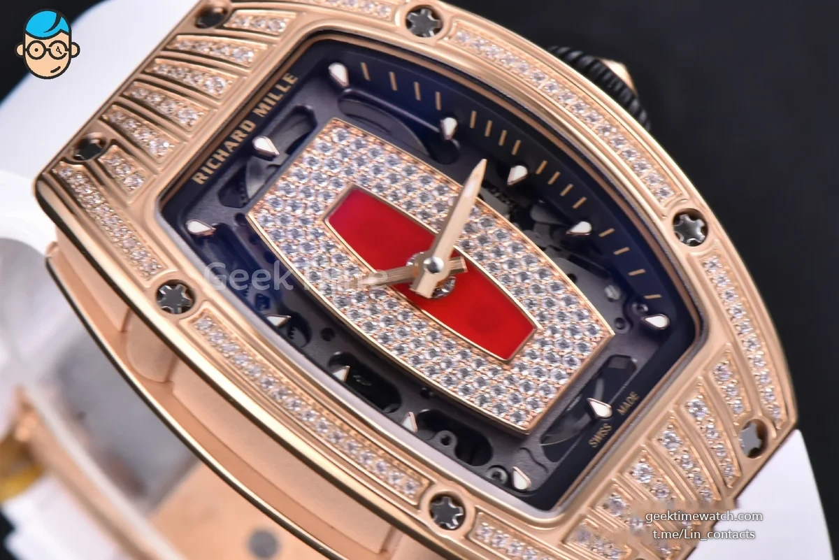 RM07-01 Ladies Diam ZF RG Diamond Paved Bezel Red/Diamonds Skeletonal Dial Black Crown on White Rubber Strap CRMA2 Clone