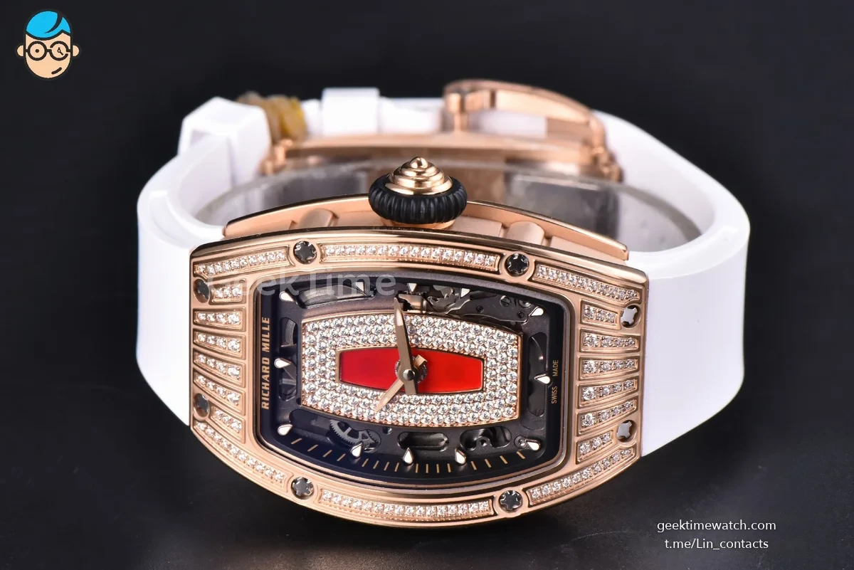RM07-01 Ladies Diam ZF RG Diamond Paved Bezel Red/Diamonds Skeletonal Dial Black Crown on White Rubber Strap CRMA2 Clone