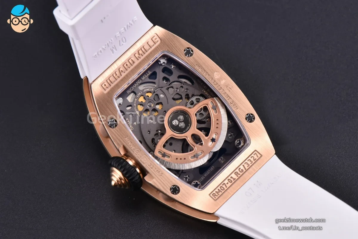 RM07-01 Ladies Diam ZF RG Diamond Paved Bezel Red/Diamonds Skeletonal Dial Black Crown on White Rubber Strap CRMA2 Clone