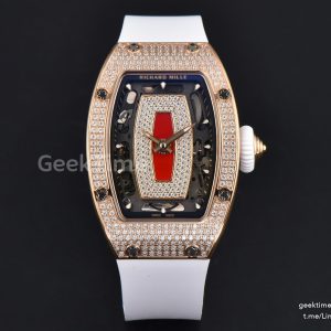 RM07-01 Ladies Diam ZF RG Diamond Paved Bezel Red/Diamonds Skeletonal Dial White Crown on White Rubber Strap CRMA2 Clone