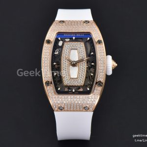 RM07-01 Ladies Diam ZF RG Diamond Paved Bezel White/Diamonds Skeletonal Dial White Crown on White Rubber Strap CRMA2 Clone