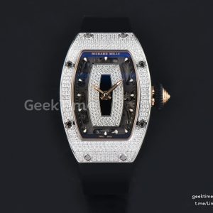 RM07-01 Ladies Diam ZF SS Diamond Paved Bezel Black/Diamonds Skeletonal Dial Black Crown on Black Rubber Strap CRMA2 Clone