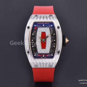RM07-01 Ladies Diam ZF SS Diamond Paved Bezel Red/Diamonds Skeletonal Dial Black Crown on Red Rubber Strap CRMA2 Clone