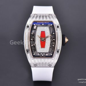 RM07-01 Ladies Diam ZF SS Diamond Paved Bezel Red/Diamonds Skeletonal Dial Black Crown on White Rubber Strap CRMA2 Clone