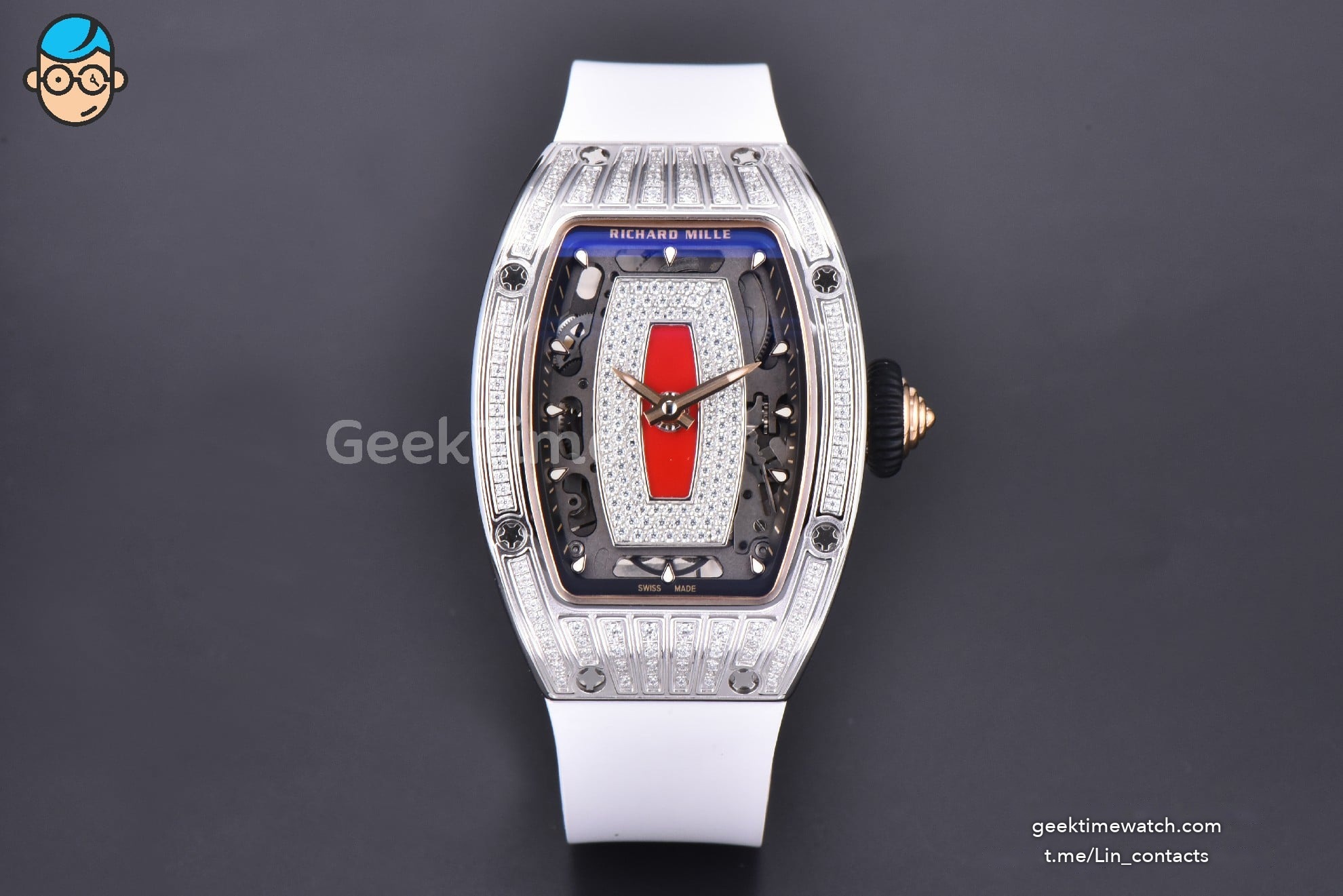 RM07-01 Ladies Diam ZF SS Diamond Paved Bezel Red/Diamonds Skeletonal Dial Black Crown on White Rubber Strap CRMA2 Clone