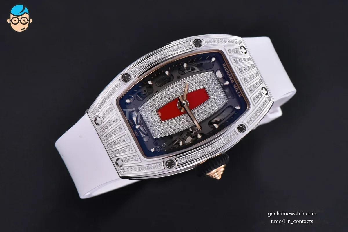 RM07-01 Ladies Diam ZF SS Diamond Paved Bezel Red/Diamonds Skeletonal Dial Black Crown on White Rubber Strap CRMA2 Clone