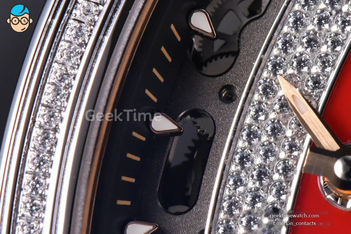 RM07-01 Ladies Diam ZF SS Diamond Paved Bezel Red/Diamonds Skeletonal Dial Black Crown on White Rubber Strap CRMA2 Clone