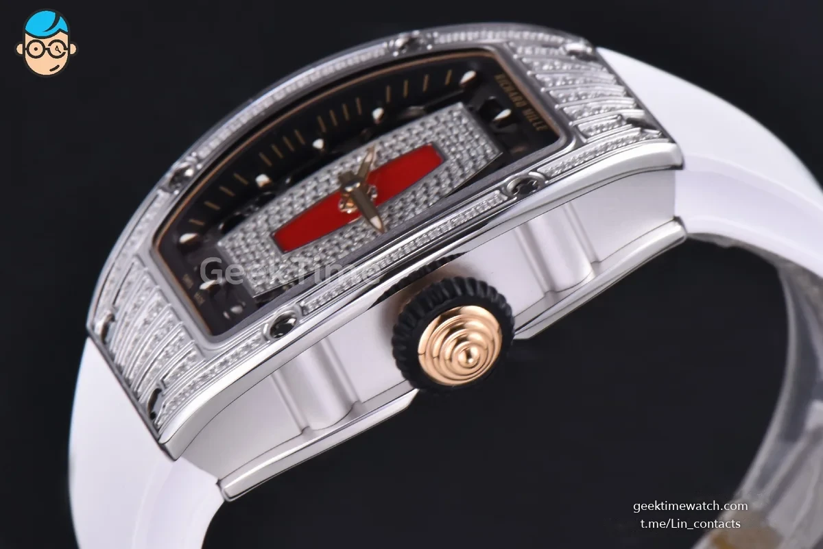 RM07-01 Ladies Diam ZF SS Diamond Paved Bezel Red/Diamonds Skeletonal Dial Black Crown on White Rubber Strap CRMA2 Clone