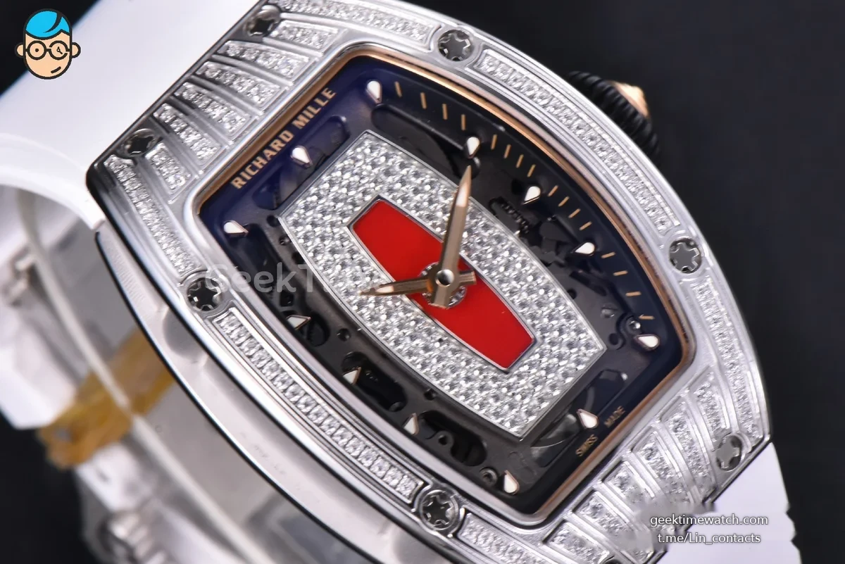 RM07-01 Ladies Diam ZF SS Diamond Paved Bezel Red/Diamonds Skeletonal Dial Black Crown on White Rubber Strap CRMA2 Clone