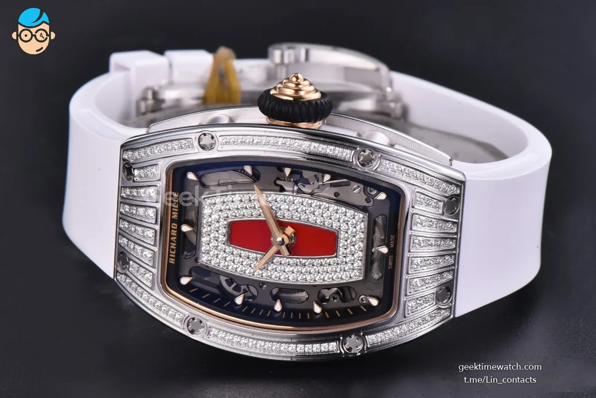 RM07-01 Ladies Diam ZF SS Diamond Paved Bezel Red/Diamonds Skeletonal Dial Black Crown on White Rubber Strap CRMA2 Clone