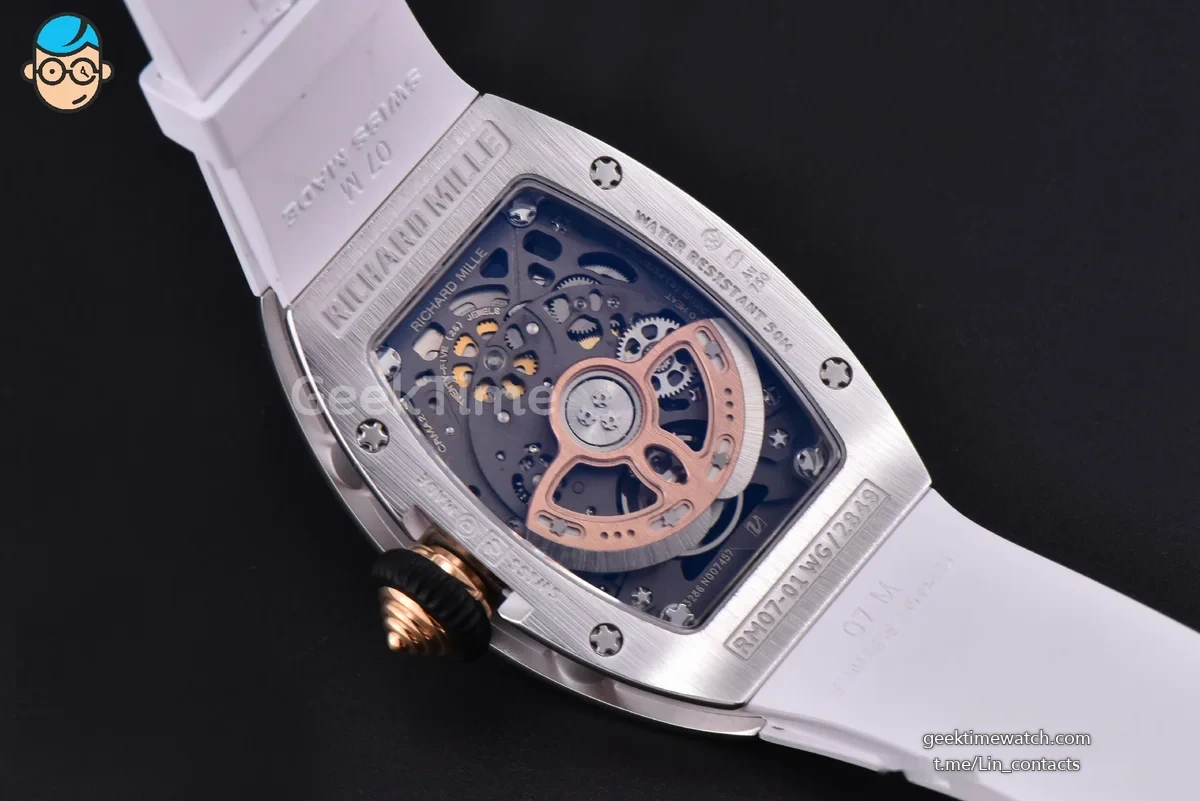 RM07-01 Ladies Diam ZF SS Diamond Paved Bezel Red/Diamonds Skeletonal Dial Black Crown on White Rubber Strap CRMA2 Clone