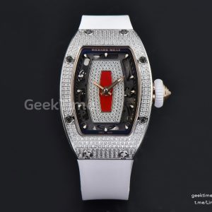 RM07-01 Ladies Diam ZF SS Diamond Paved Bezel Red/Diamonds Skeletonal Dial White Crown on White Rubber Strap CRMA2 Clone